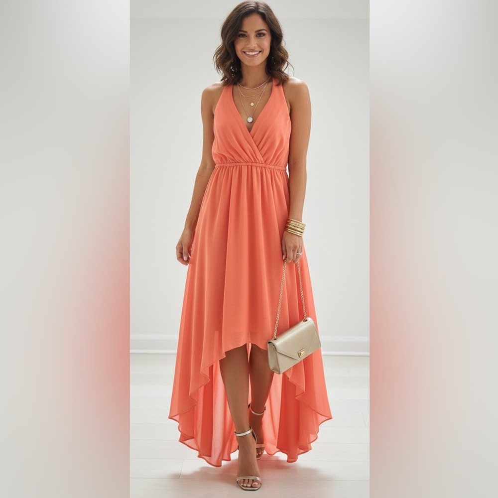 BCBGMAXAZRIA Salmon Chiffon High-Low Halter Gown Prom Dress Size S NWT - Picture 8 of 12